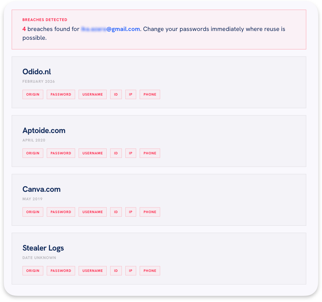 Breach report showing detected password leaks across websites
