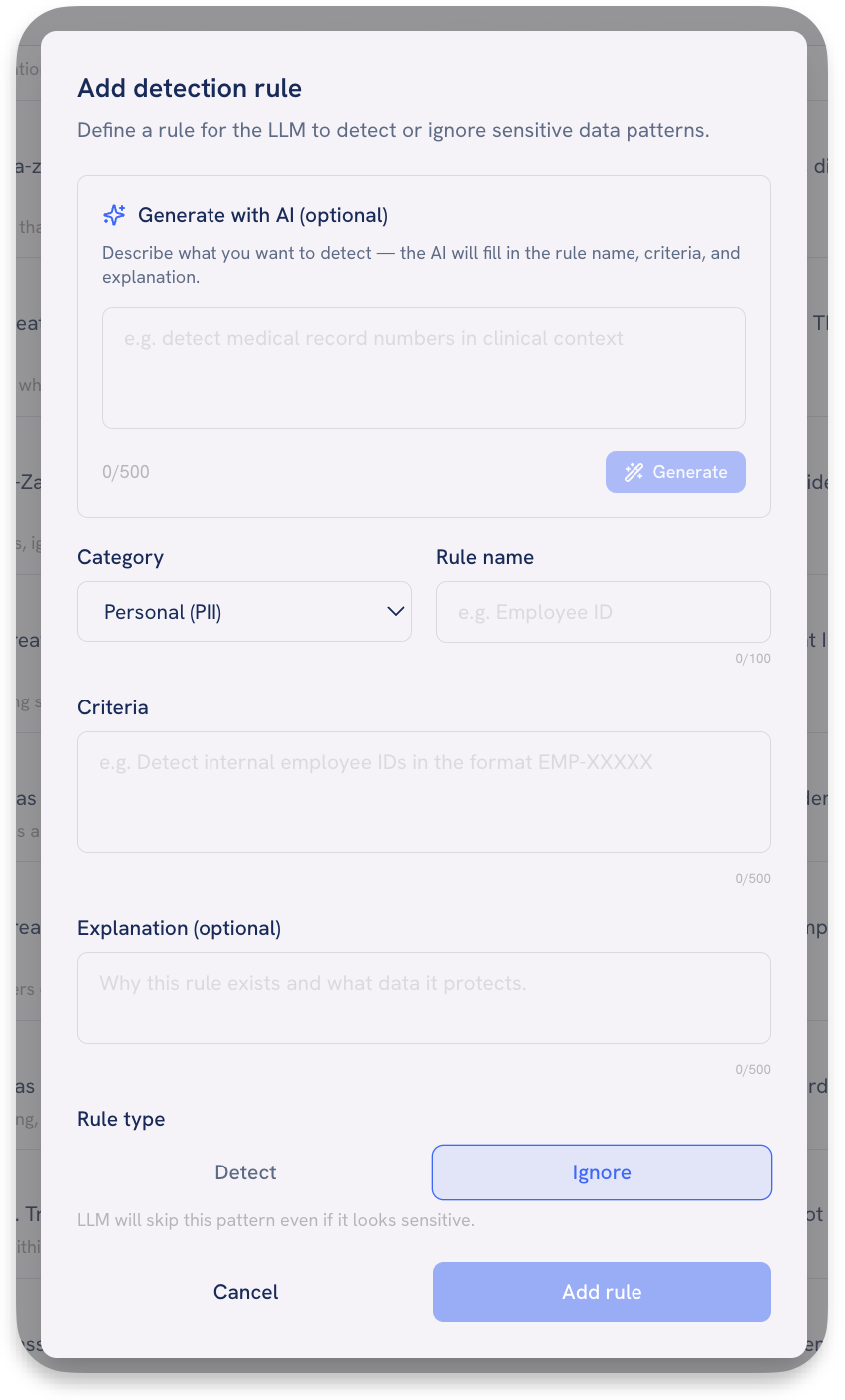 Add a detection rule for the LLM to detect sensitive data